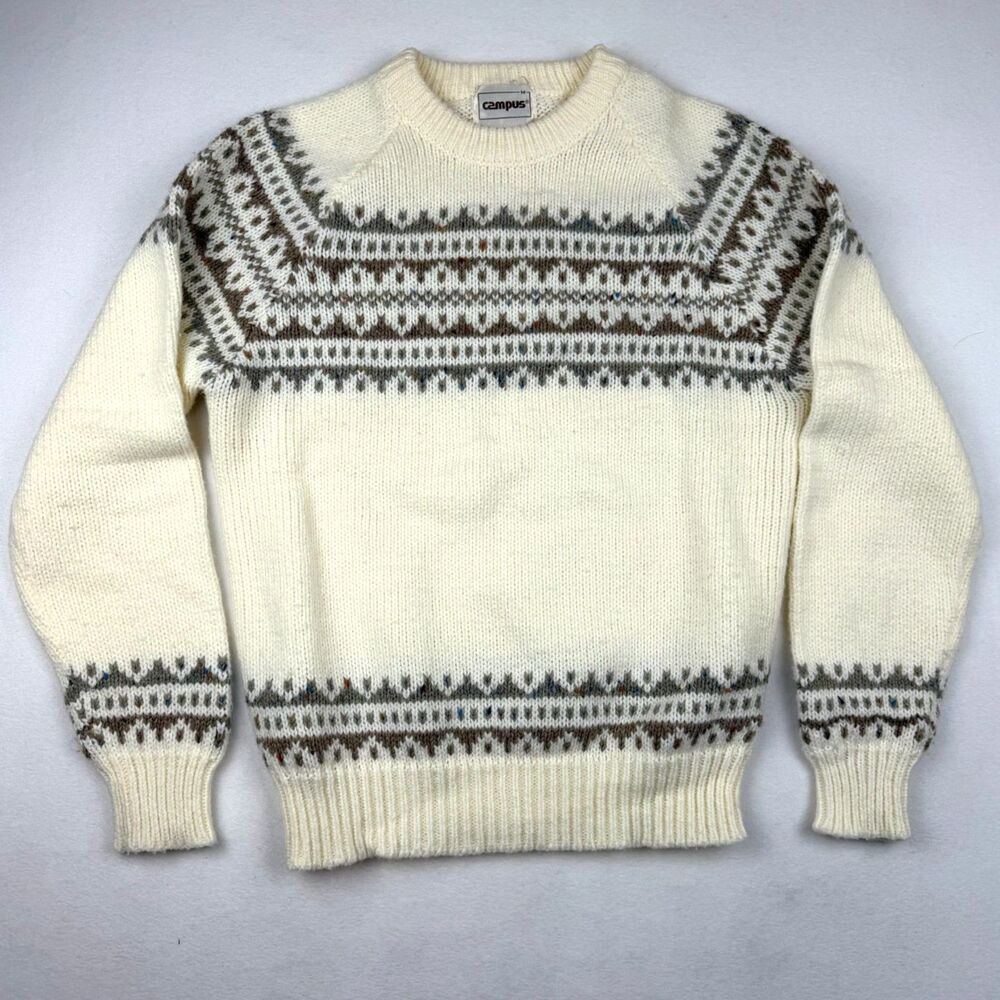 VTG 70s 80s Campus Nordic Fair Isle Sweater Medium Cream Brown Wool Blend Crew